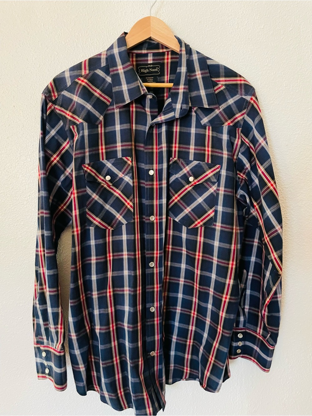 High Noon Men's Navy Plaid Button-Up Shirt Pearl Snaps Size Large Cowboy Western